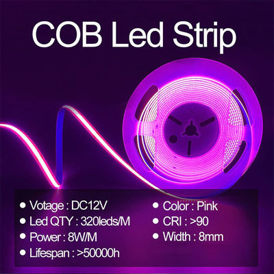 높은 밝기 COB LED 스트립 라이트 CE RoHs IP20 Ra90 8mm 너비 12V 24V 320Leds 분홍색