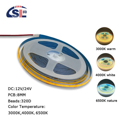 8mm 너비 12V 24V 3000K 따뜻한 COB LED 스트립 라이트 CE RoHs IP20 50000 시간 수명