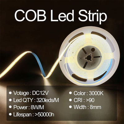 8mm 너비 12V 24V 3000K 따뜻한 COB LED 스트립 라이트 CE RoHs IP20 50000 시간 수명