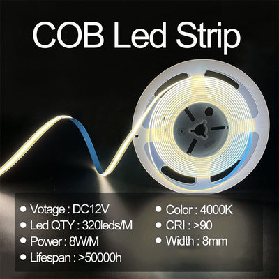 고 뤼멘 COB LED 스트립 라이트 CE RoHs IP20 8mm 너비 12V 24V 4000K 자연 조명 스트립