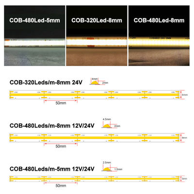 DC12V24V 8mm10mm 576leds 3000K 6500K CCT COB TV 백라이트 캐비닛을위한 LED 스트립 라이트
