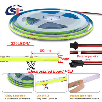 방수 녹색 유연 스트립 라이트 고밀도 COB LED CE RoHs IP20 Ra90 8mm 너비 12V24V 320Leds