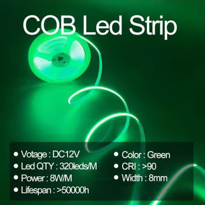방수 녹색 유연 스트립 라이트 고밀도 COB LED CE RoHs IP20 Ra90 8mm 너비 12V24V 320Leds