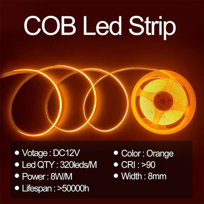 IP20 12V 24V 유연 COB LED 스트립 라이트 8mm 320Leds 오렌지 방수 스트립 라이트 3