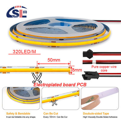 호텔 하우스 COB LED 스트립 라이트 CE RoHs IP20 Ra90 8mm 너비 12V 24V 황금 노란색
