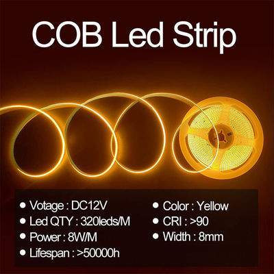 호텔 하우스 COB LED 스트립 라이트 CE RoHs IP20 Ra90 8mm 너비 12V 24V 황금 노란색