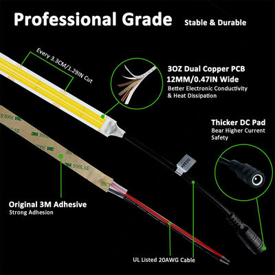 DC12V24V 8mm10mm 320leds 3000K 온도 유연성 COB LED 스트립 라이트 실내 장식