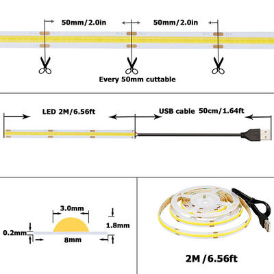 5v 320leds 8mm 6500K 화이트 COB LED 스트립 라이트 스위치 제어로 생활 조명을 위해
