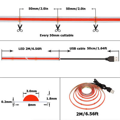 12V 디밍 가능한 빨간색 COB LED 스트립 라이트 실내 및 야외 장식용 8mm 320 LED