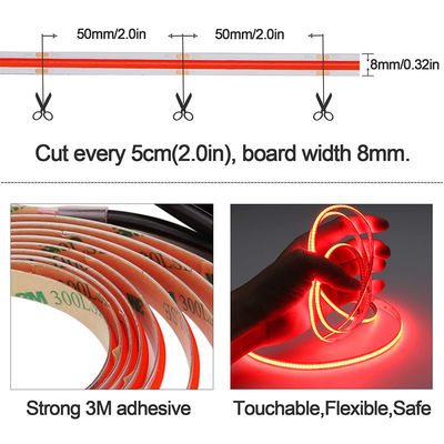 12V 디밍 가능한 빨간색 COB LED 스트립 라이트 실내 및 야외 장식용 8mm 320 LED