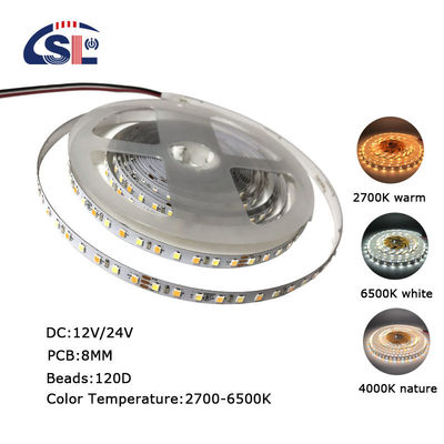 CCT 고 밝기 8mm 120LED 3000K-6500K 쌍색 SMD2835 LED 스트립 라이트 3-
