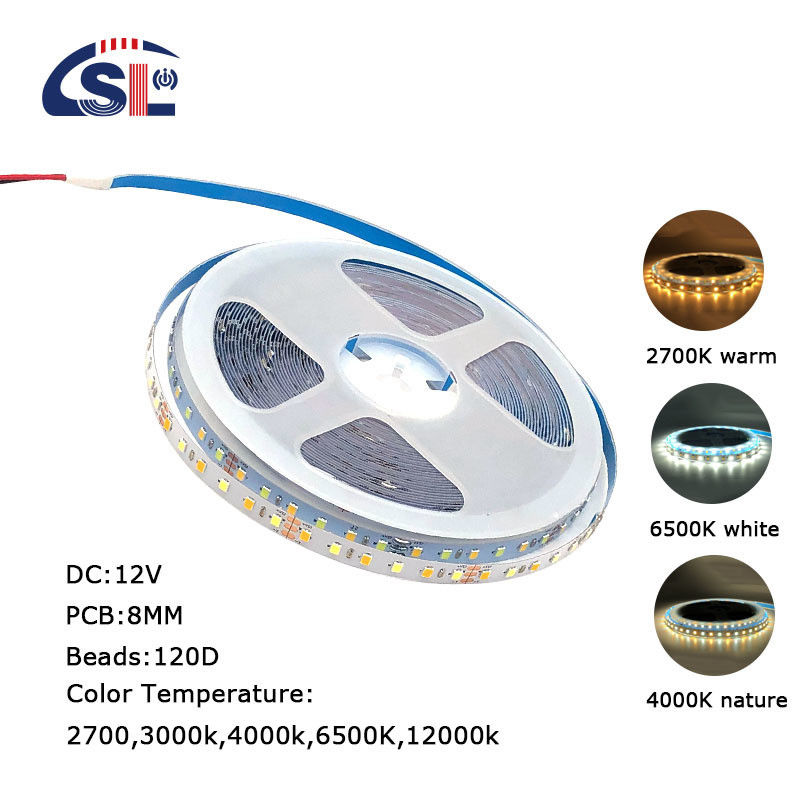 높은 밝기 12V 8mm 120LEDs SMD2835 LED 스트립 라이트와 쌍면 CCT 보드