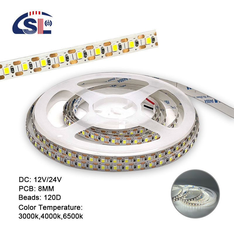 2200 lm 높은 밝기 2835 120led/m LED 스트립 8mm 너비 12V 24V 단면 빛 스트립